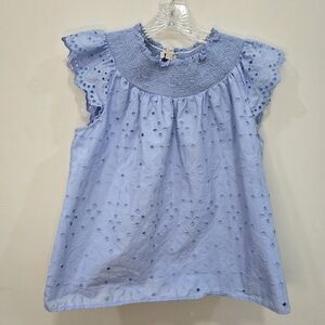 LOFT Smocked Blue Eyelet Top Flutter Sleeve Ruffled Lined Blouse Medium Petite